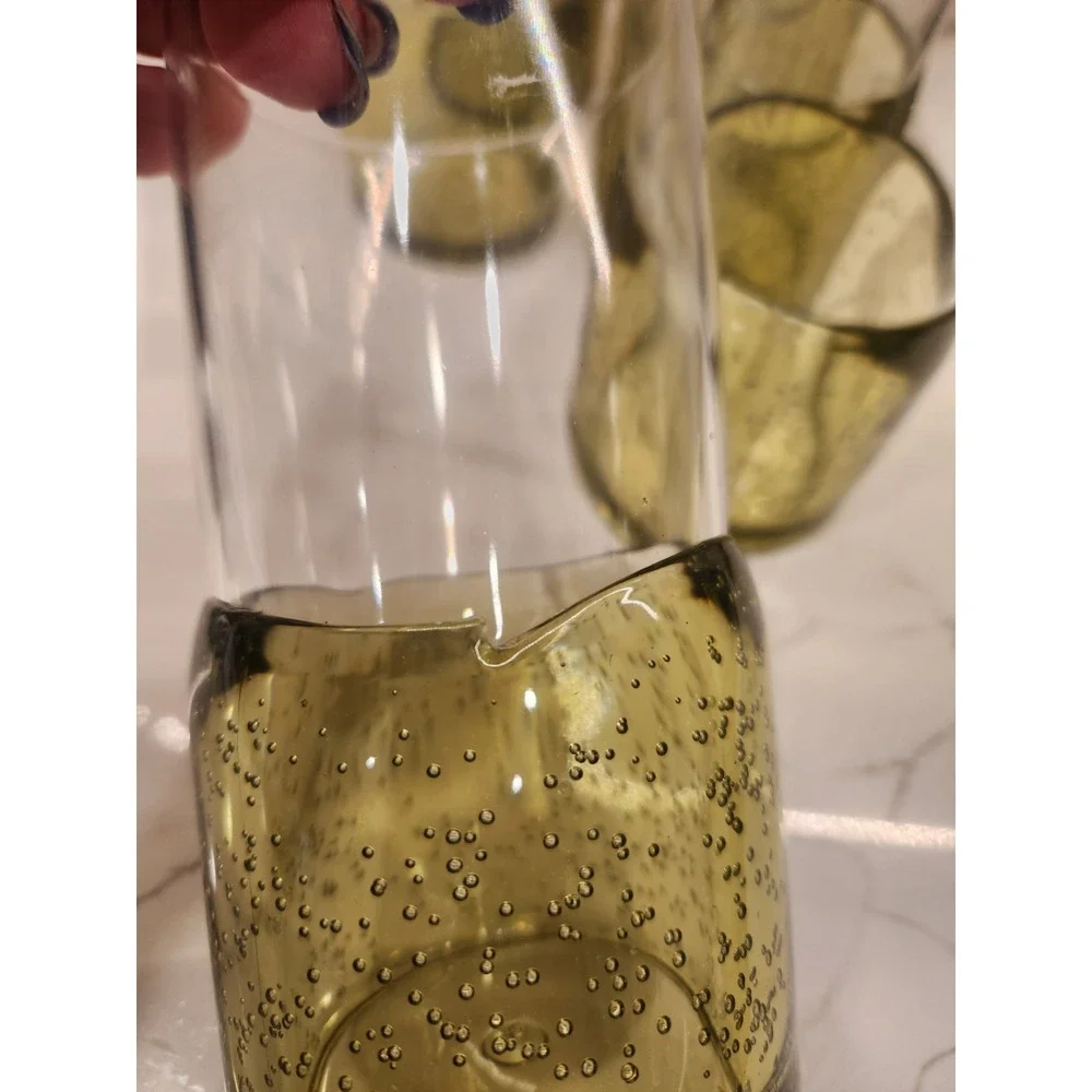 Pottery Barn Outdoor Picnic Acrylic Drinking Glasses Set of 6 Clear Green Bubble
